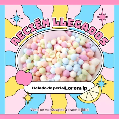 Promocionar una nueva carta de helados con sabores kitsch de color rosa y azul claro.