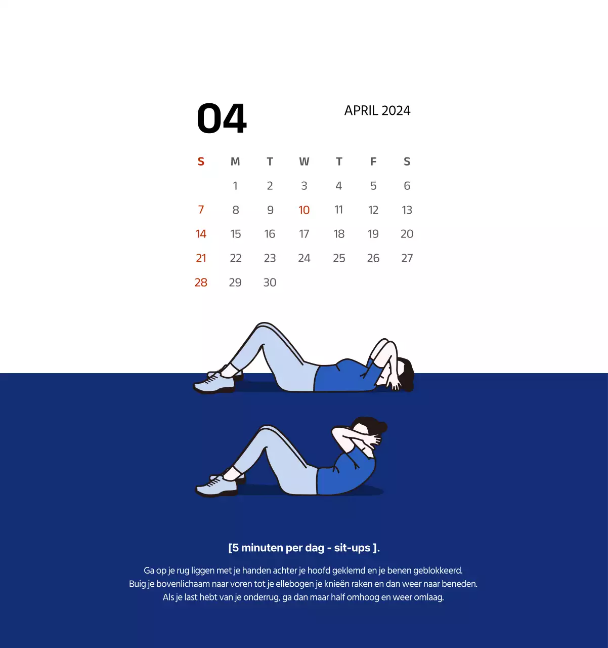 Eenvoudige kalender met strakke illustraties in blauw