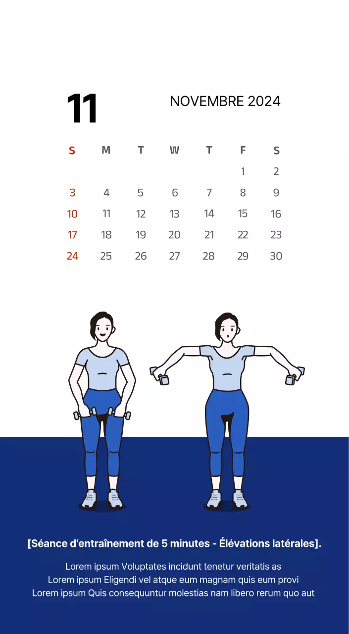 Calendrier simple avec des illustrations épurées en bleu