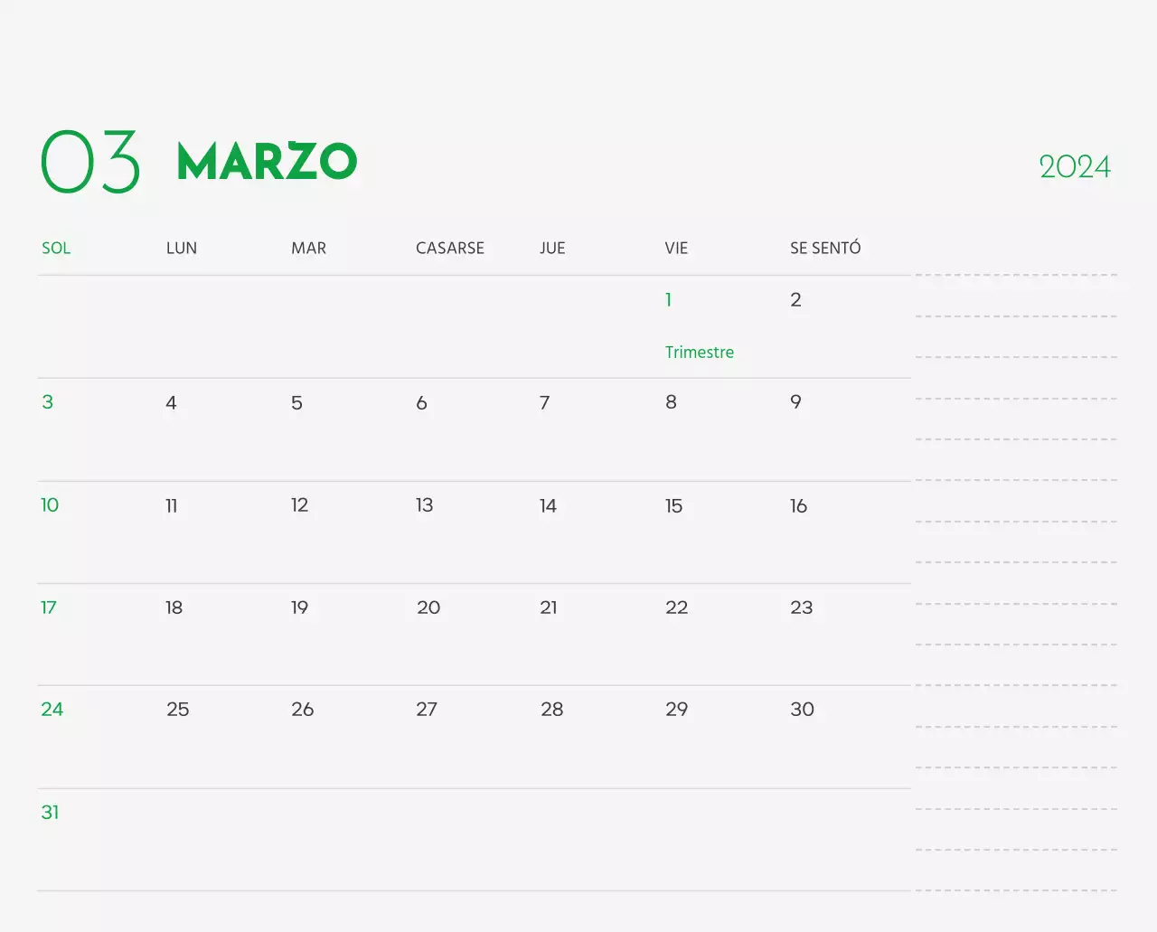 Un calendario con la imagen de un cachorro y un bonito mensaje en tonos verdes.