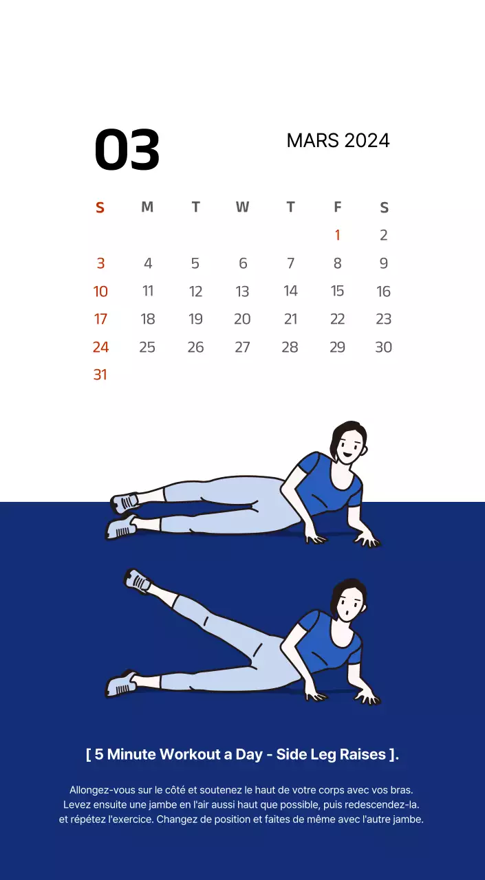 Calendrier simple avec des illustrations épurées en bleu