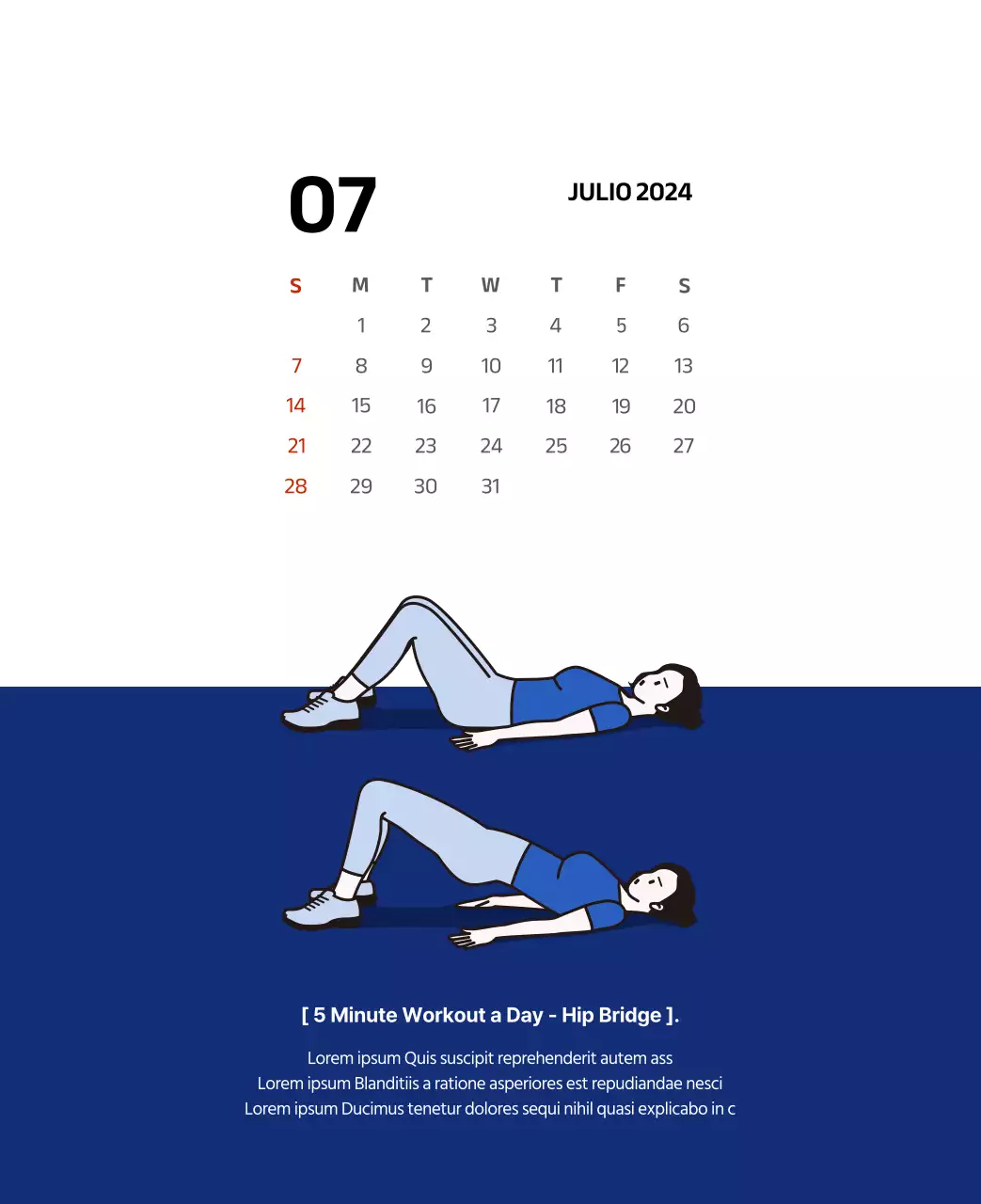 Calendario sencillo con ilustraciones limpias en azul