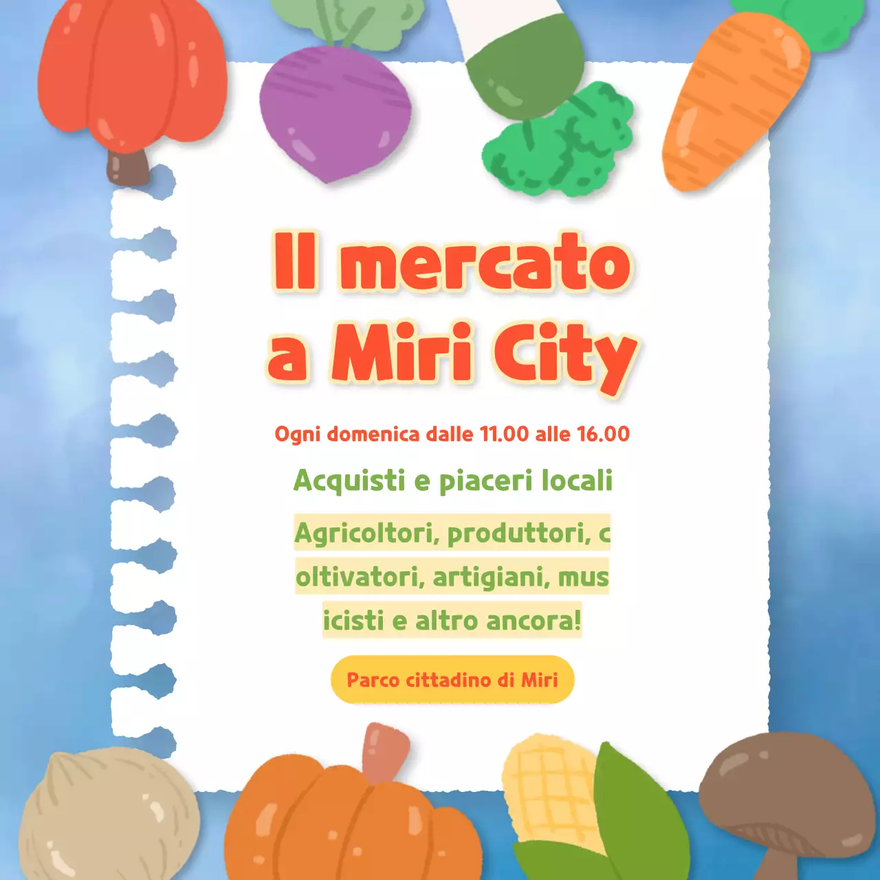 Promuovere un simpatico mercato contadino in azzurro e arancione