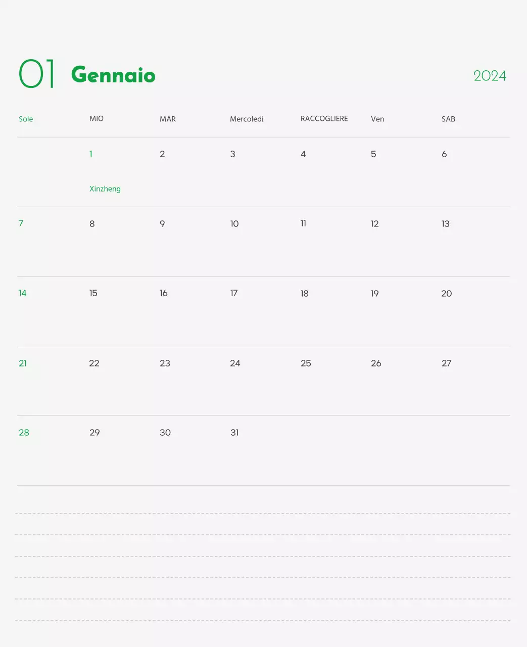 Un calendario con l'immagine di un cucciolo e un simpatico messaggio in verde.