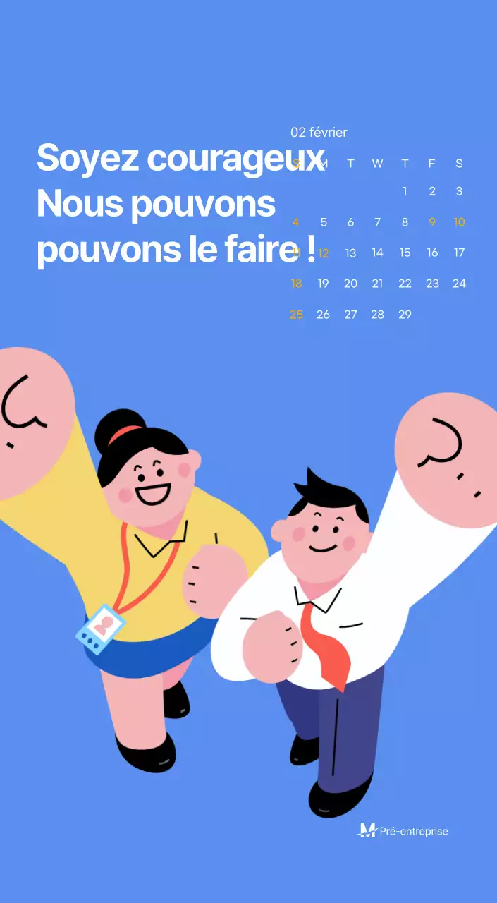 Calendrier de motivation avec des illustrations énergiques et des citations positives sur un fond bleu clair