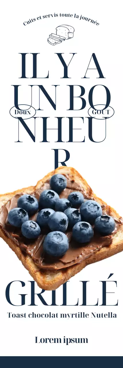 Menu de boulangerie avec des images photoréalistes de pain grillé à la myrtille et un texte en anglais en gras et à la mode.