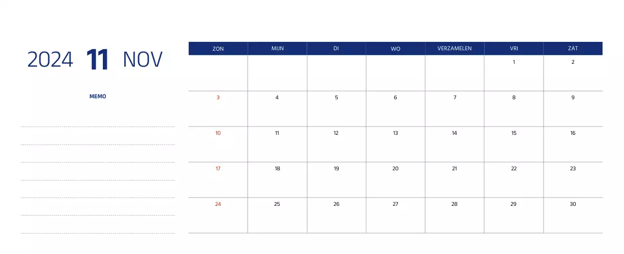 Eenvoudige kalender met strakke illustraties in blauw