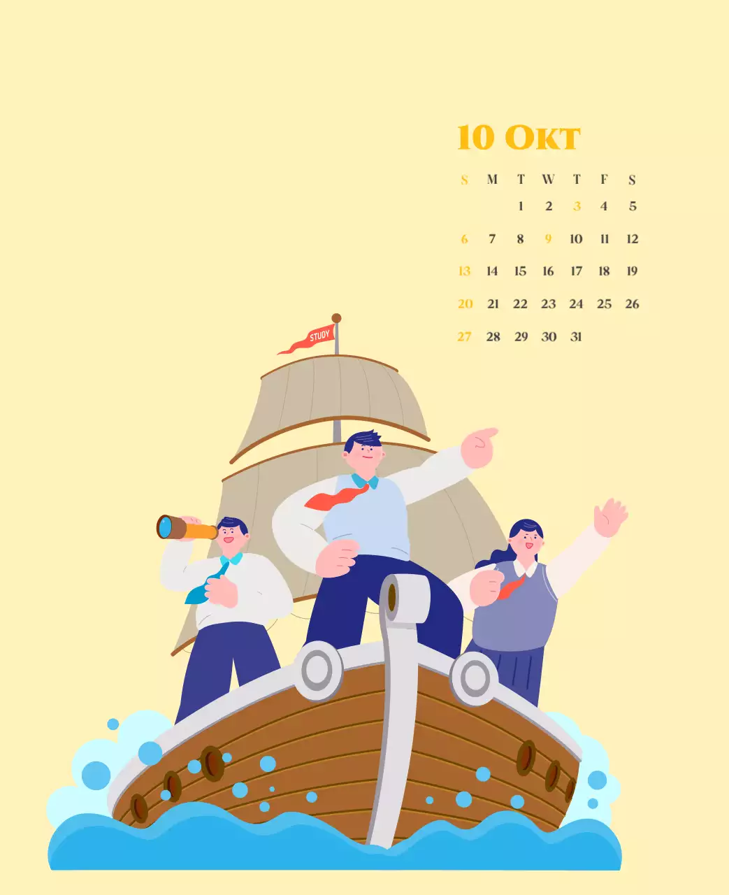 Kalender mit Jugendillustrationen auf gelbem und grünem Hintergrund