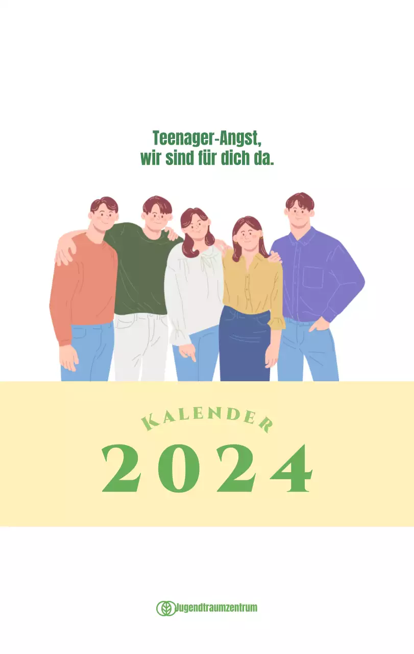 Kalender mit Jugendillustrationen auf gelbem und grünem Hintergrund
