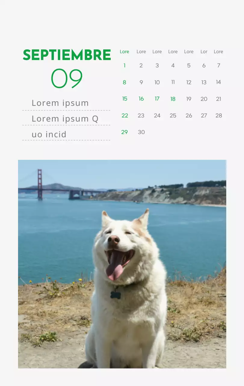 Un calendario con la imagen de un cachorro y un bonito mensaje en tonos verdes.