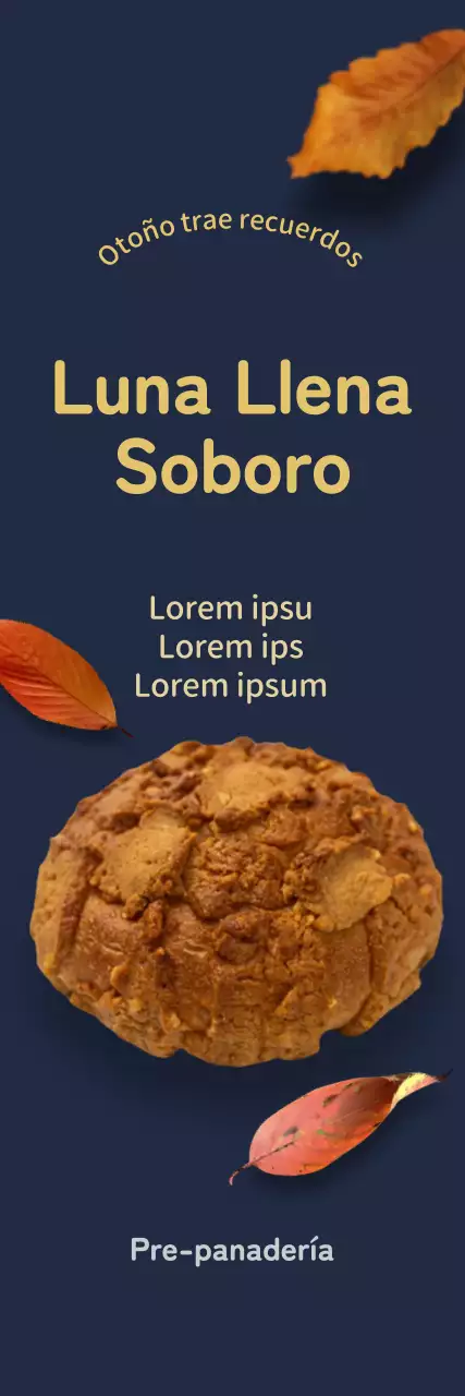 Promocionar un menú de panadería otoñal con fotorealismo de hojas caídas sobre fondo azul marino