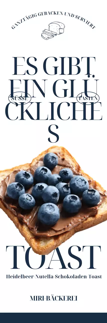 Café-Bäckerei-Menü mit fotorealistischen Bildern von Blaubeer-Toastbrot und trendigem, fettgedrucktem englischen Text.