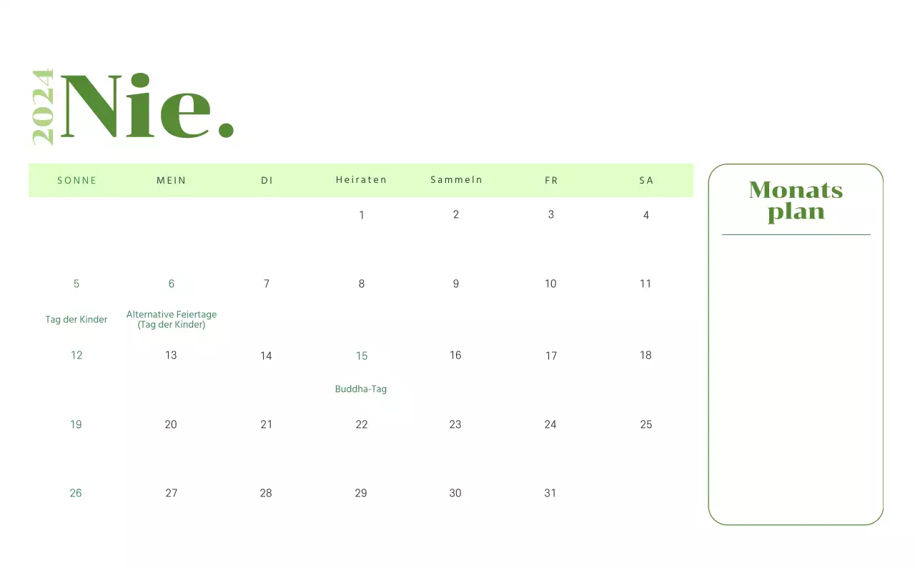 Kalender mit Jugendillustrationen auf gelbem und grünem Hintergrund