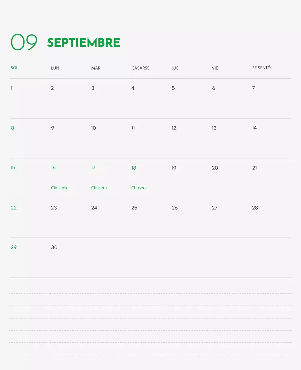 Un calendario con la imagen de un cachorro y un bonito mensaje en tonos verdes.