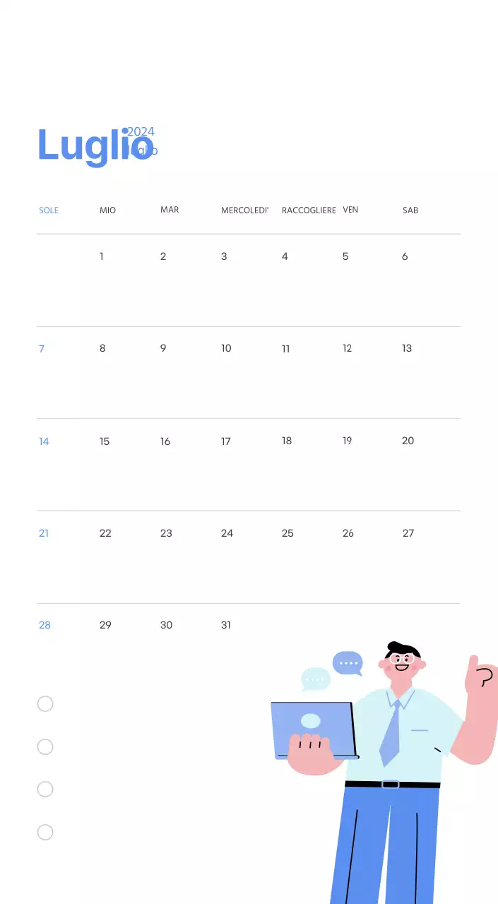 Calendario motivazionale con illustrazioni energetiche e citazioni positive su sfondo azzurro