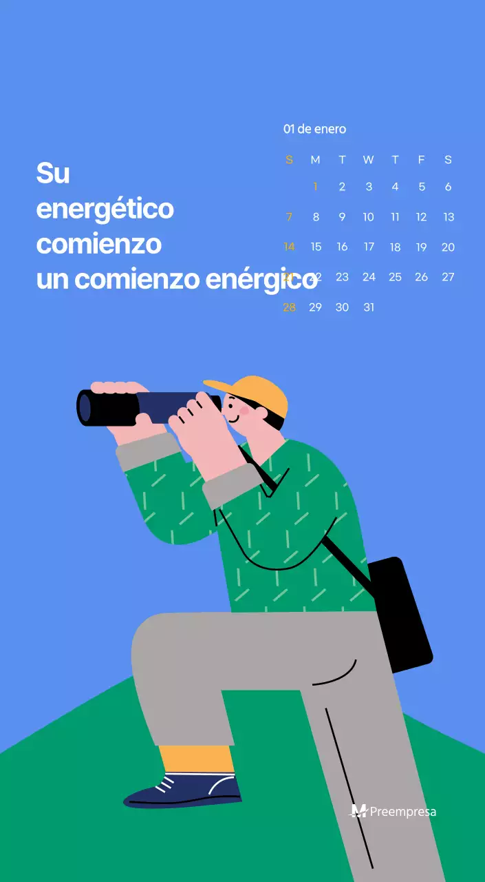 Calendario motivacional con ilustraciones llenas de energía y citas positivas sobre fondo azul claro