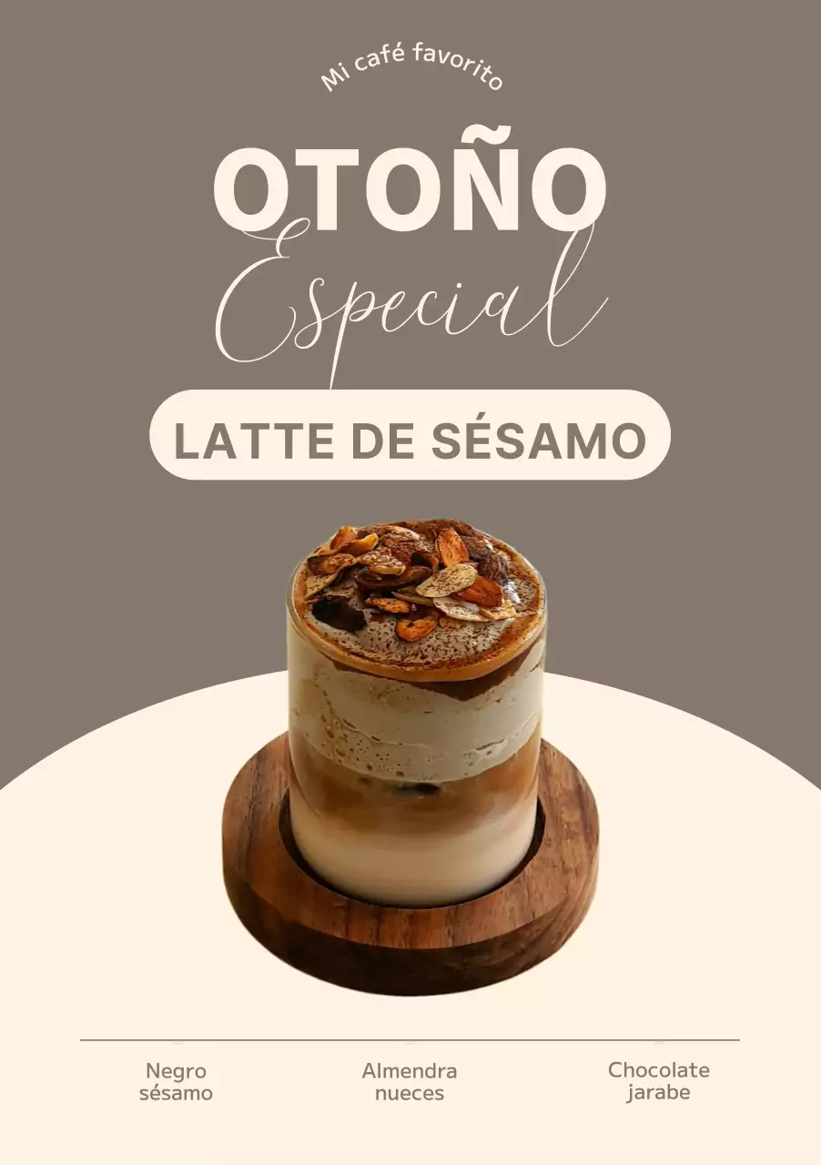 Cartel de bebidas otoñales con título en varias fuentes y foto de un café con leche y cacahuetes