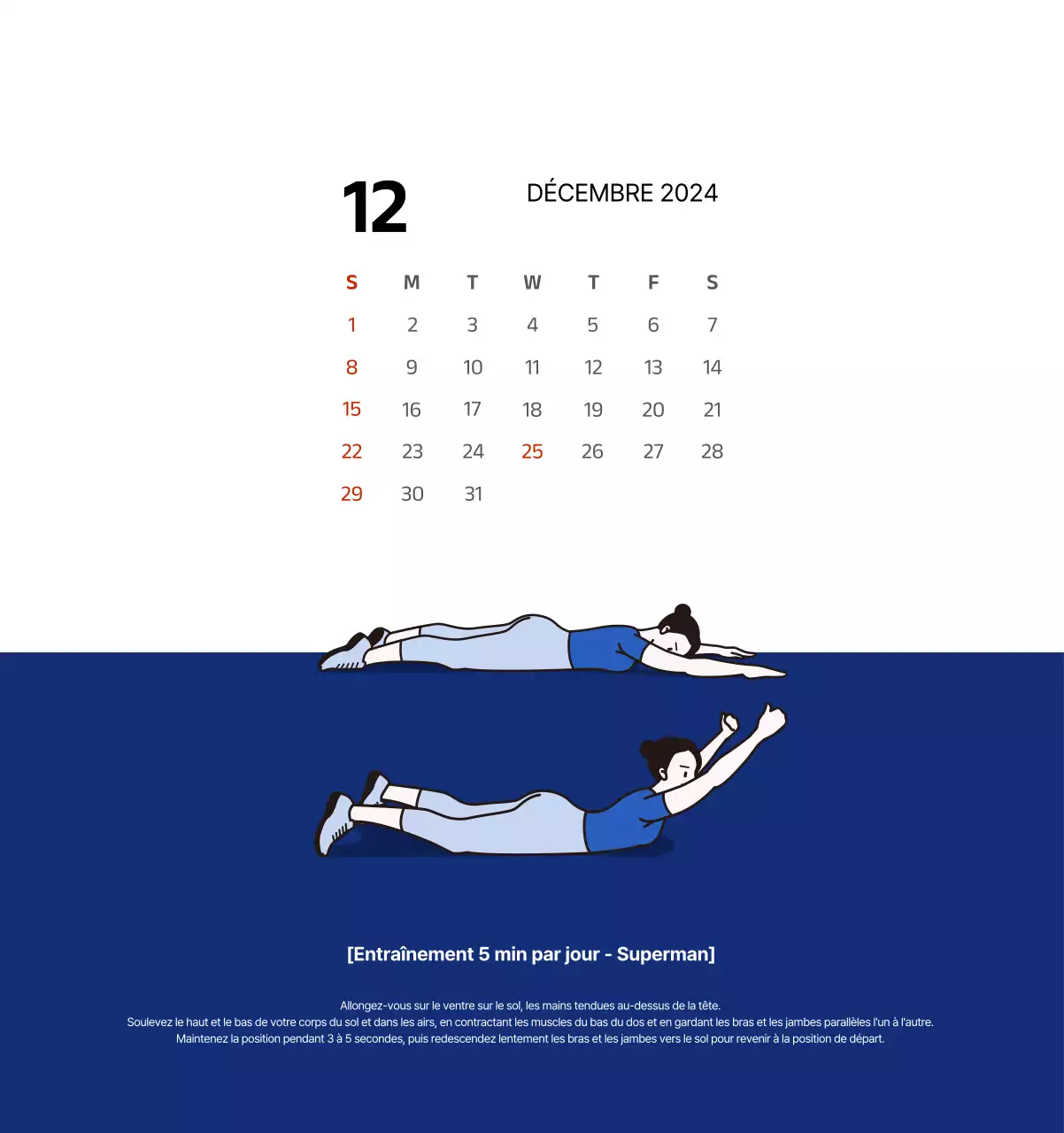 Calendrier simple avec des illustrations épurées en bleu