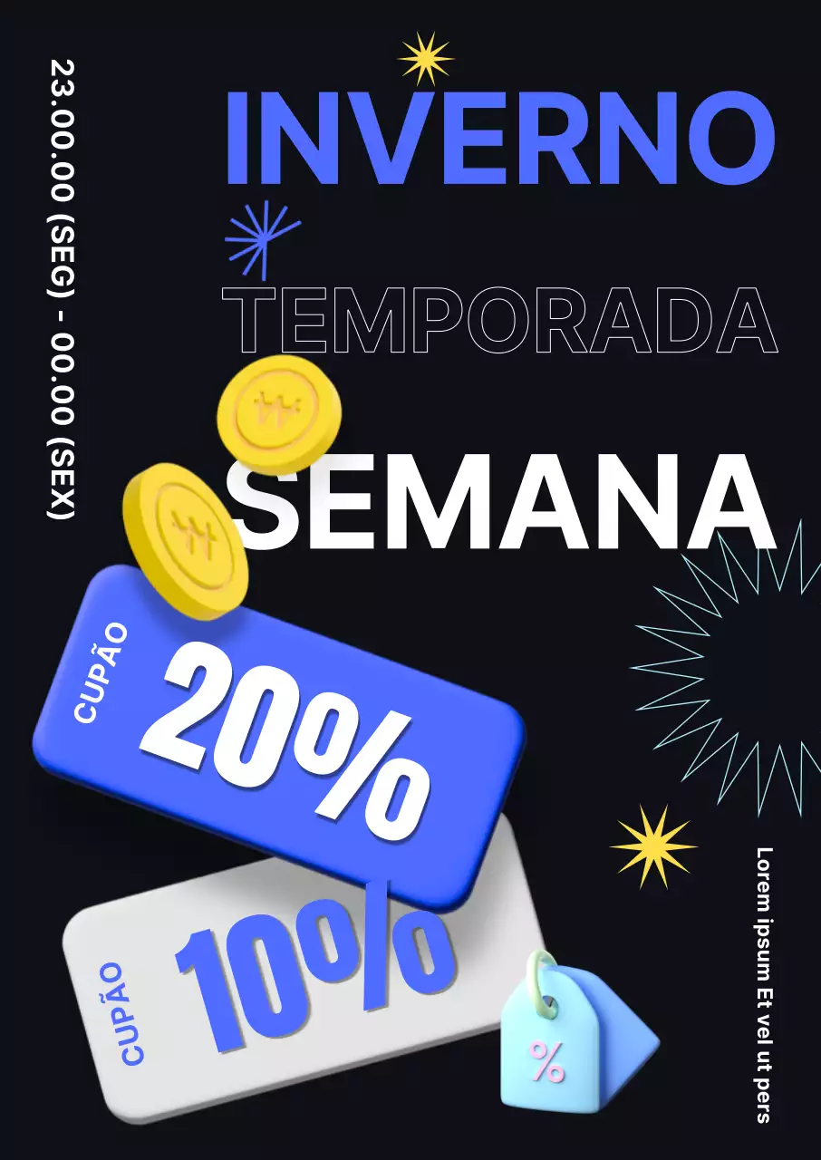 Layout de fontes moderno e elegante e ícones de cupões 3D para as ofertas da Semana Sazonal de inverno