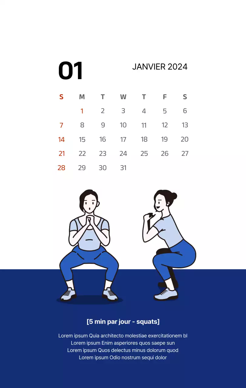Calendrier simple avec des illustrations épurées en bleu