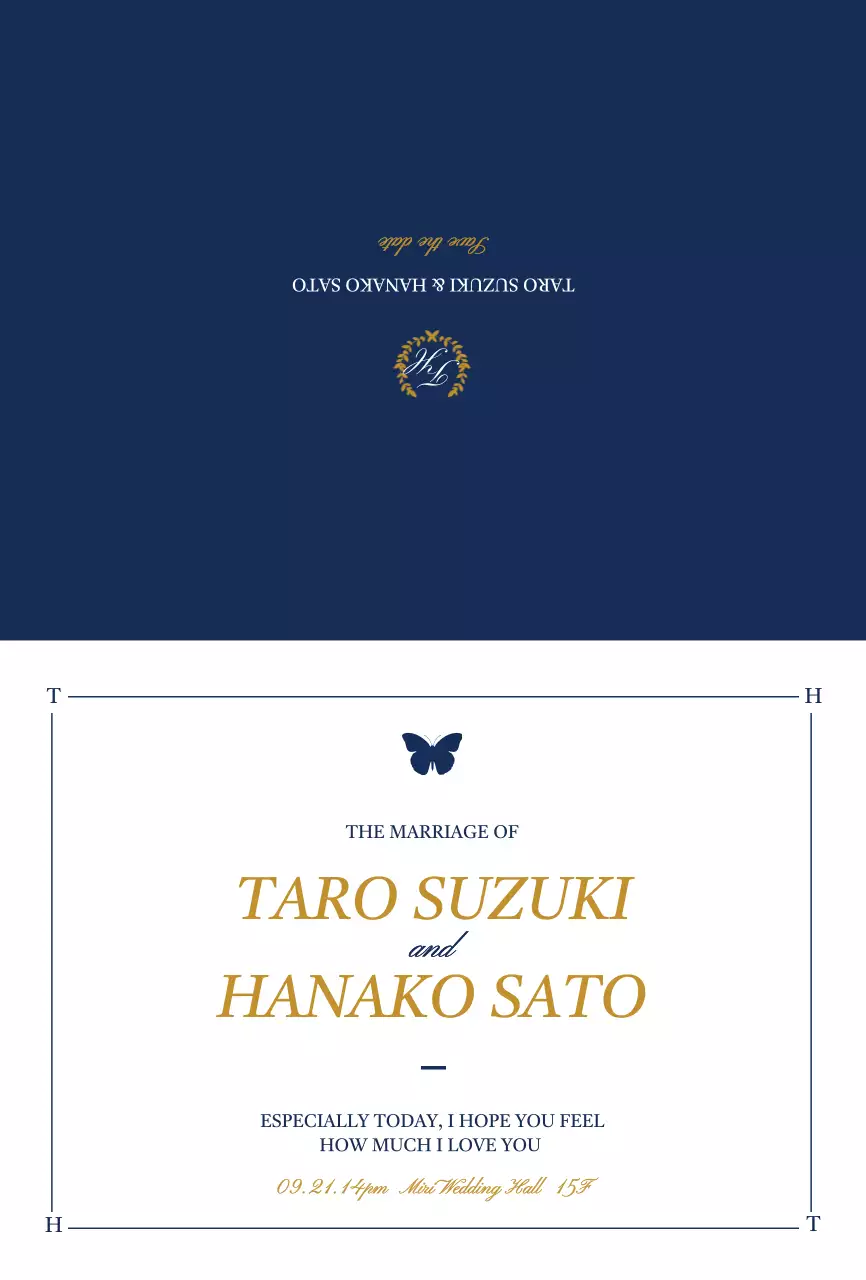 白と藍色の蝶のイラストが描かれた高級感のあるデザインの結婚式の招待状デザイン