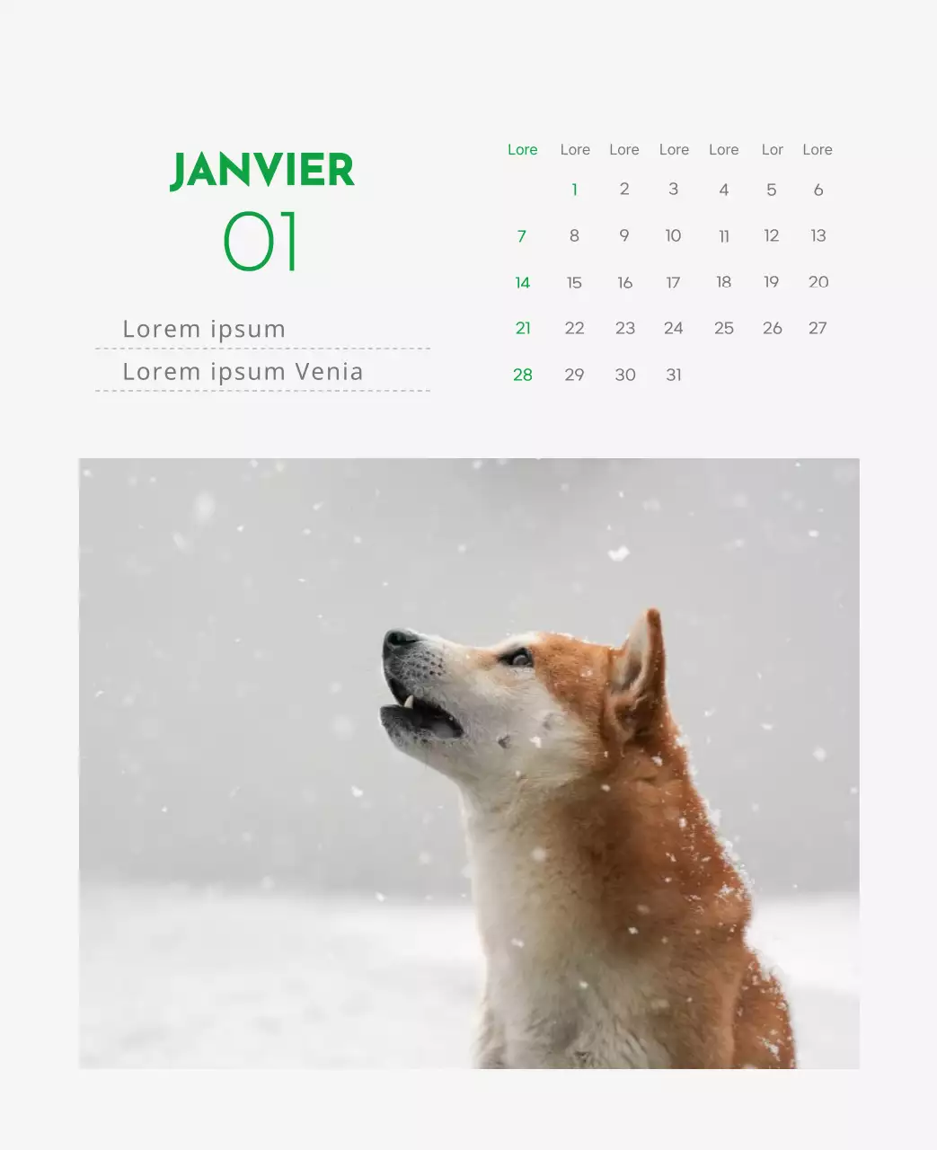 Un calendrier avec la photo d'un chiot et un message mignon aux accents verts.