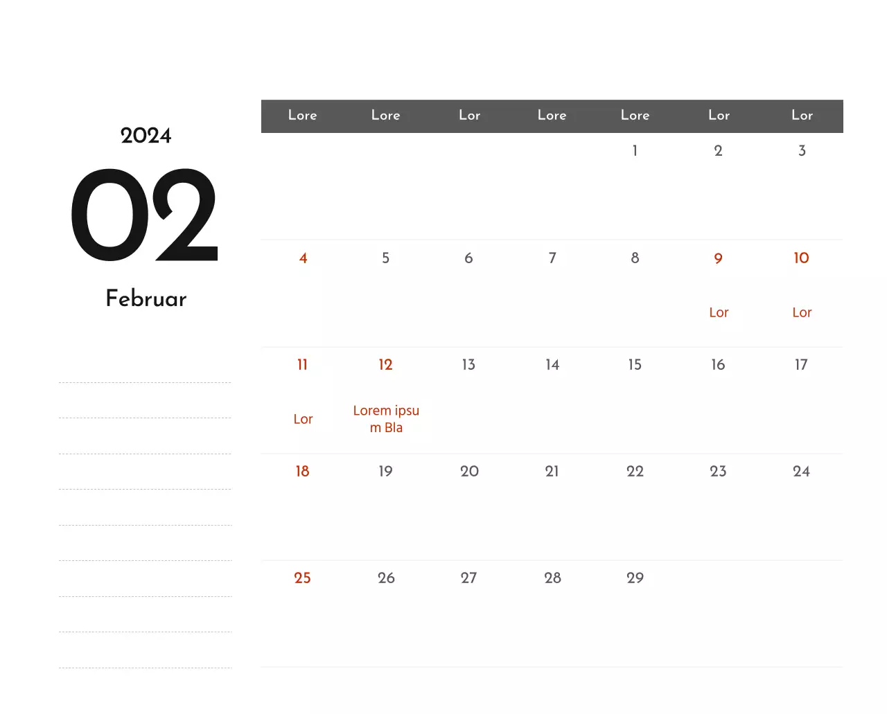 Ein einfacher Unternehmenskalender in Grau