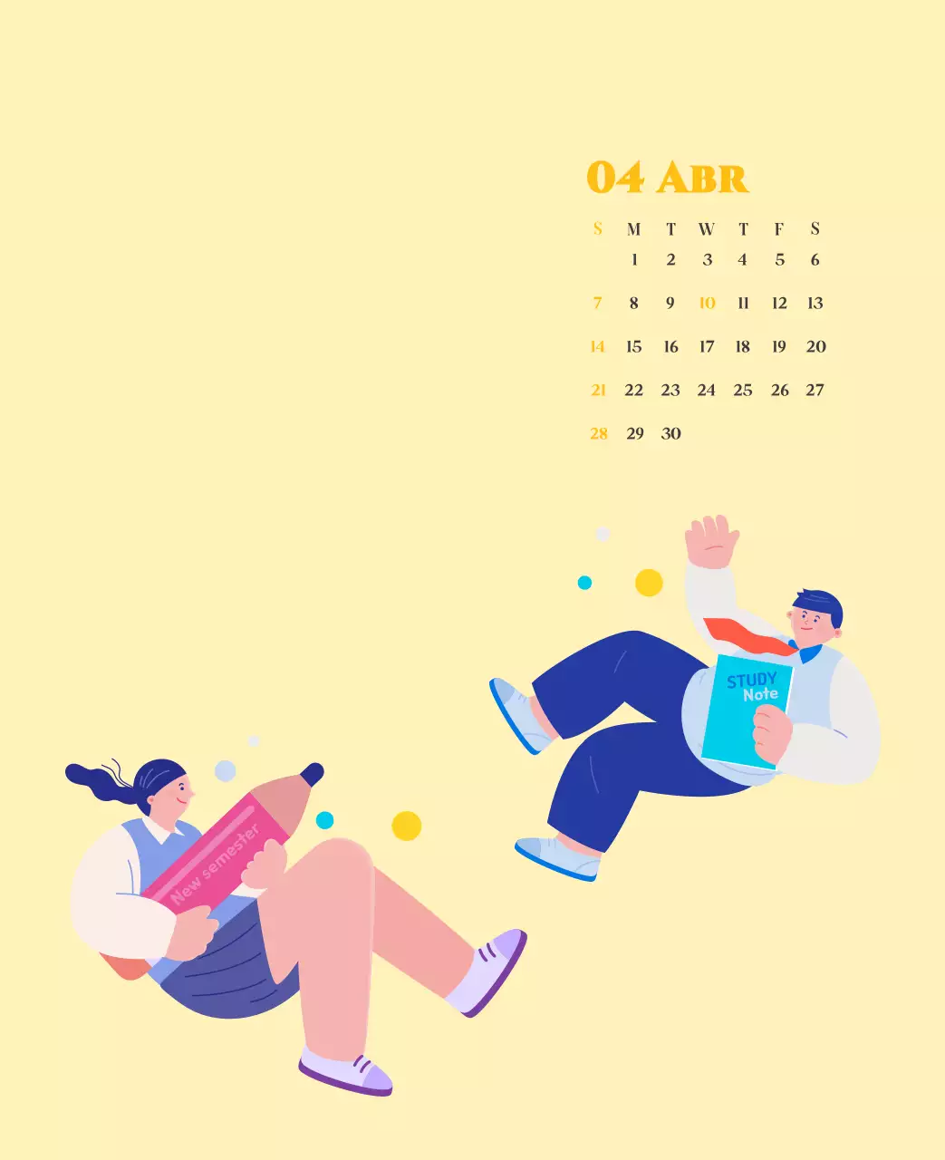 Calendario con ilustraciones juveniles sobre fondo amarillo y verde
