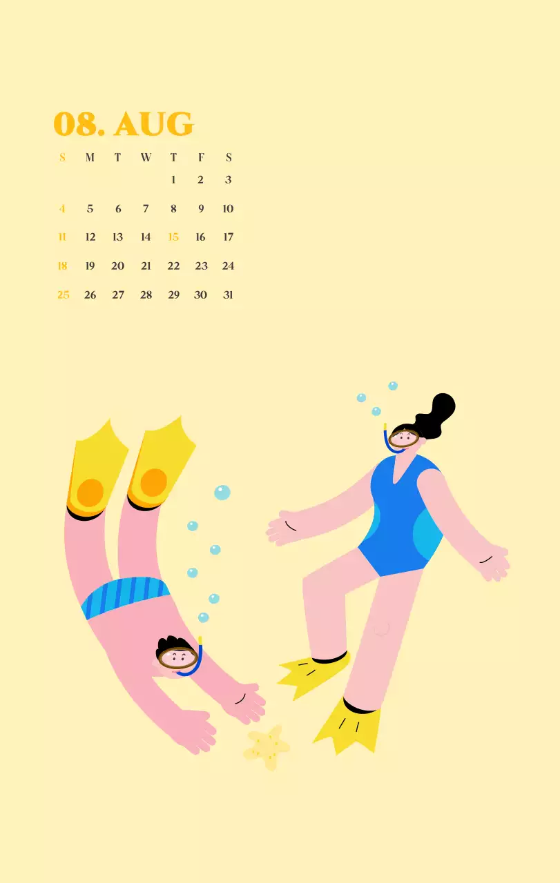 Kalender mit Jugendillustrationen auf gelbem und grünem Hintergrund