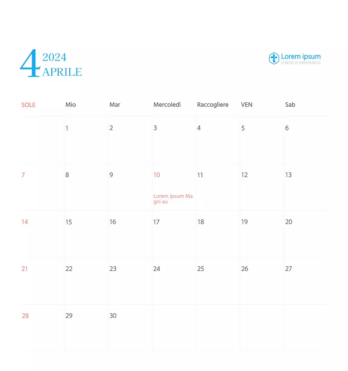 Calendario ecclesiastico blu di concezione moderna