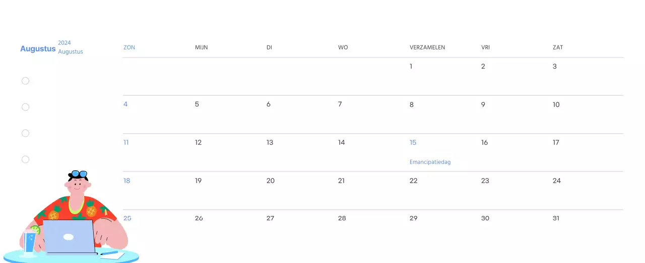 Motiverende kalender met energieke illustraties en positieve citaten op een lichtblauwe achtergrond
