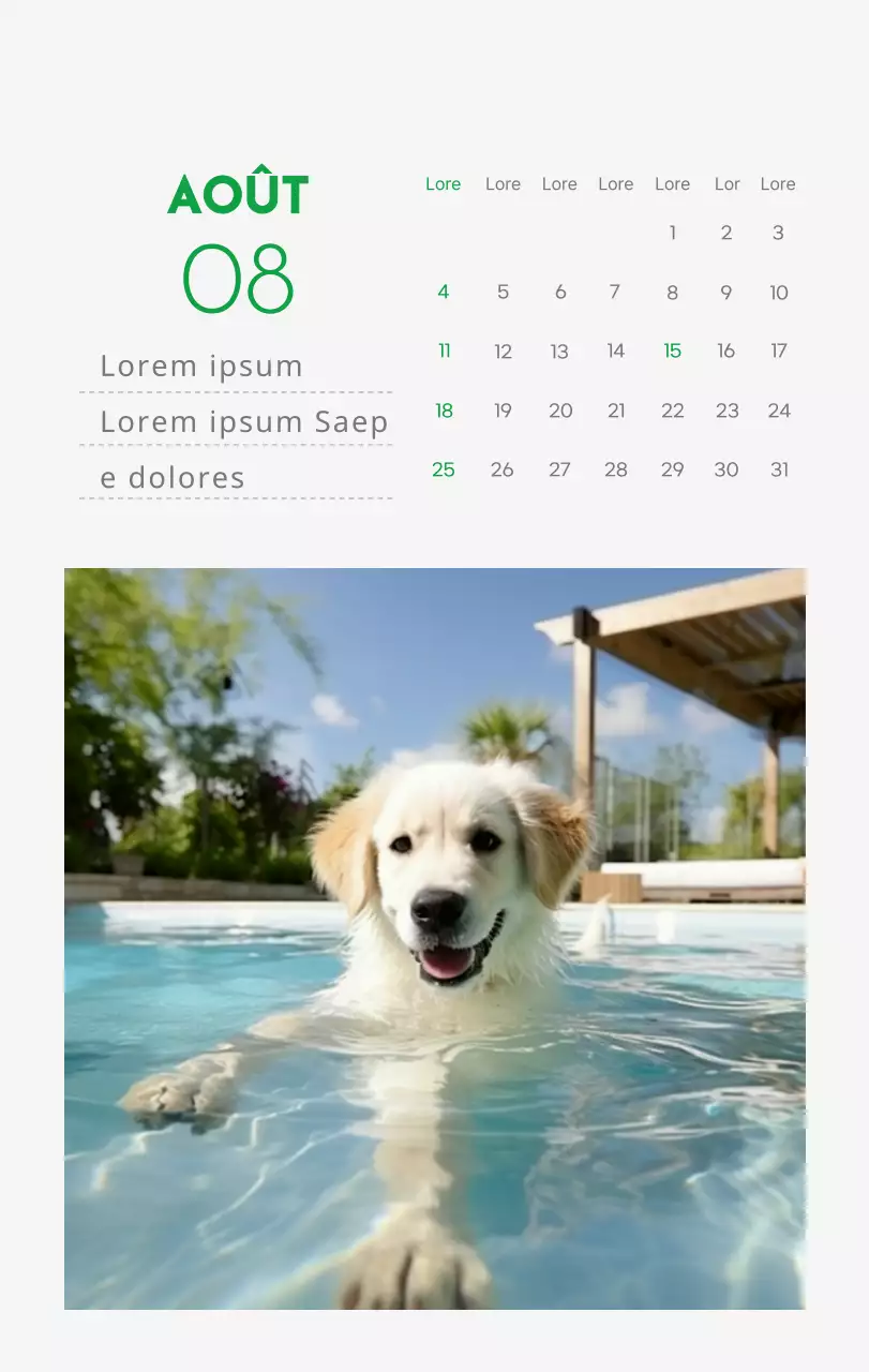 Un calendrier avec la photo d'un chiot et un message mignon aux accents verts.