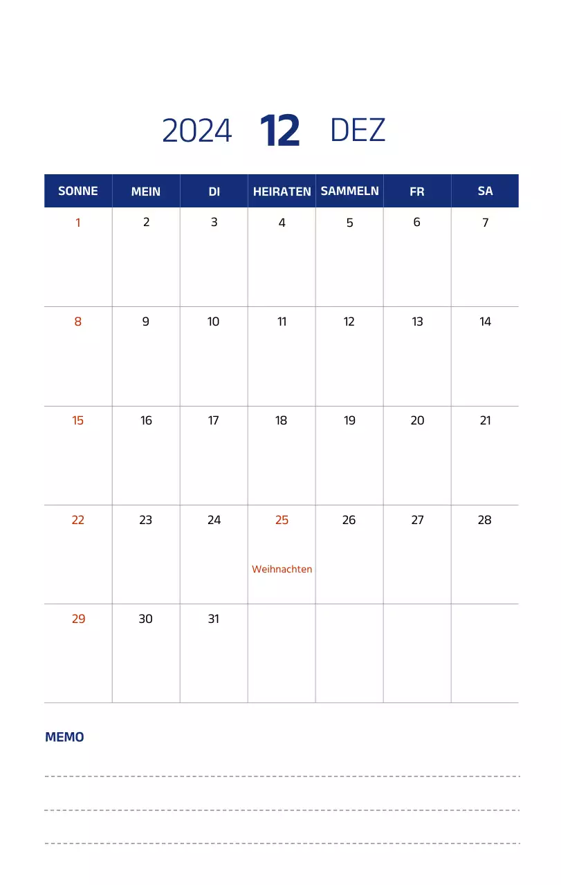 Einfacher Kalender mit klaren Illustrationen in Blau