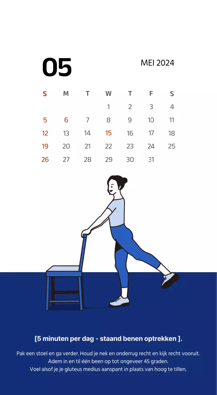 Eenvoudige kalender met strakke illustraties in blauw