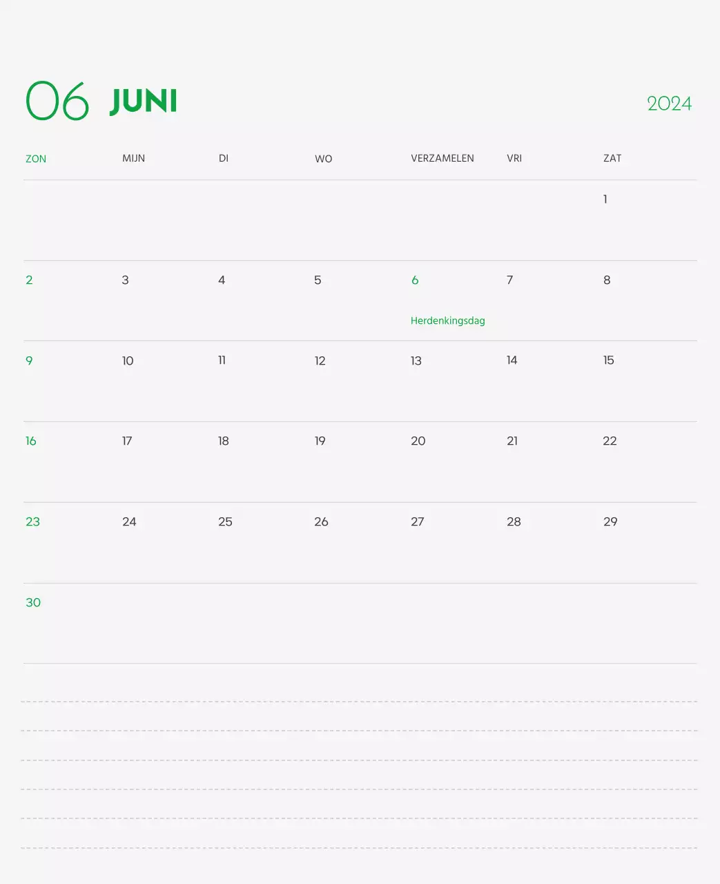 Een kalender met een afbeelding van een puppy en een schattige boodschap in groene accenten