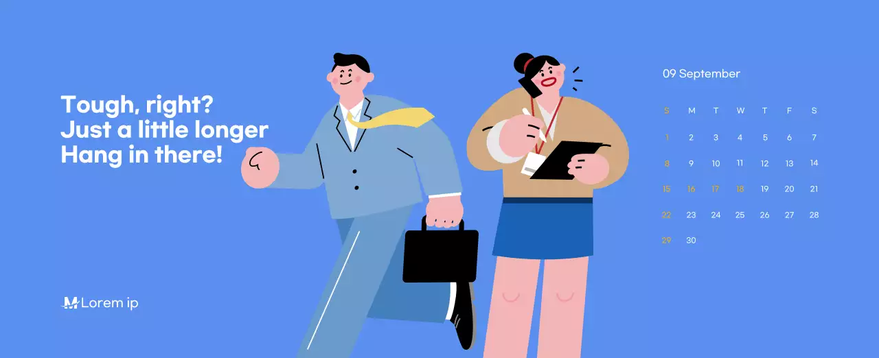 Motivational calendar with energetic illustrations and positive quotes on a light blue background