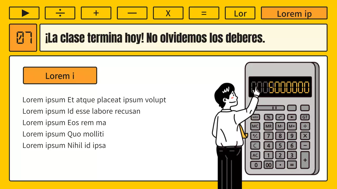 Lección de matemáticas con un concepto kitsch de calculadora amarilla y naranja