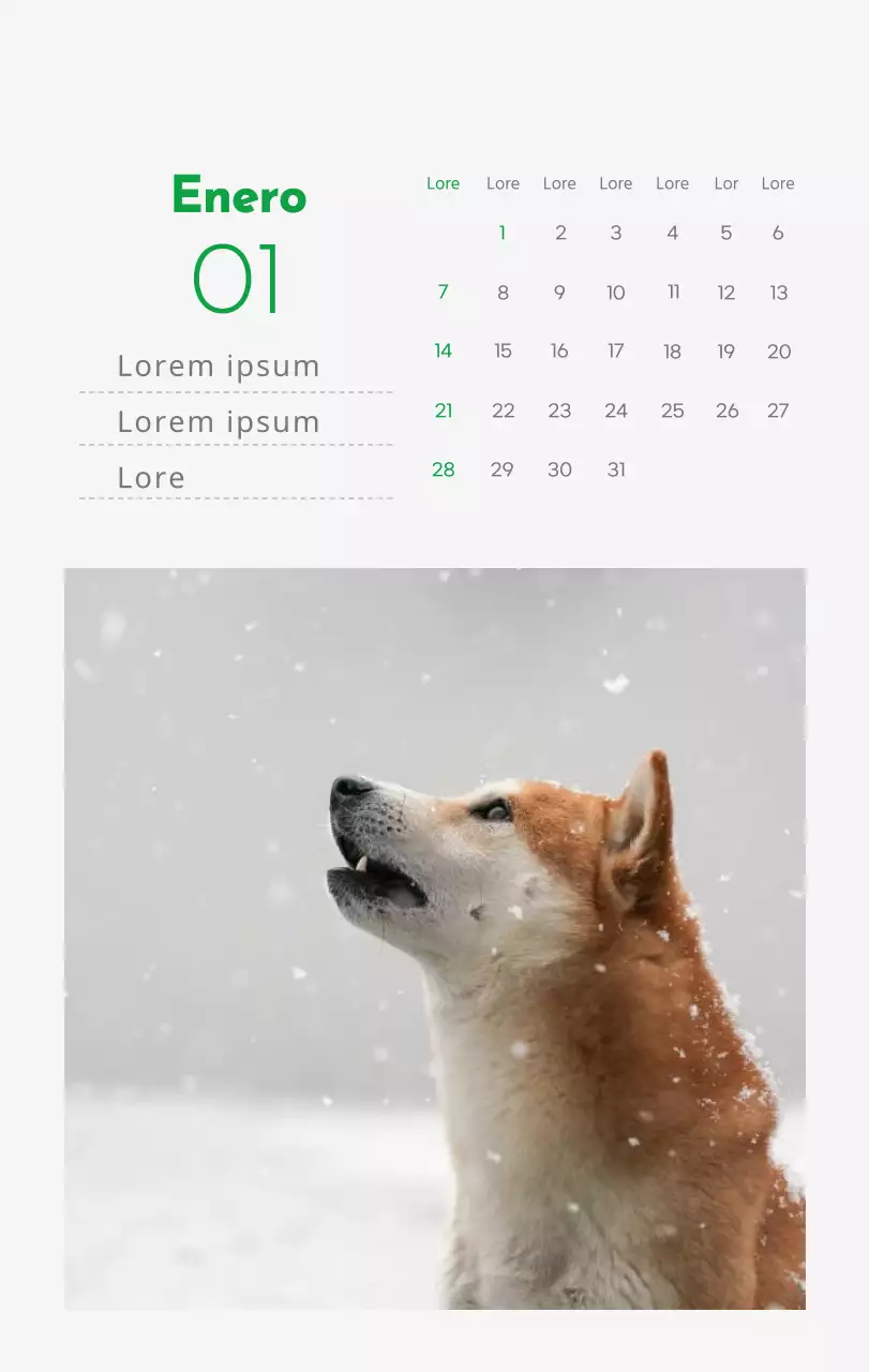 Un calendario con la imagen de un cachorro y un bonito mensaje en tonos verdes.