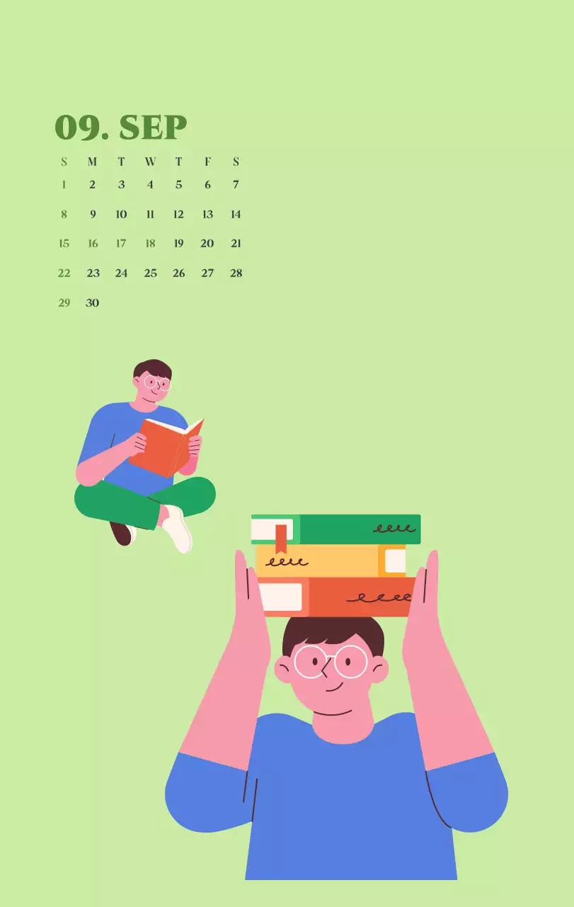 Kalender mit Jugendillustrationen auf gelbem und grünem Hintergrund