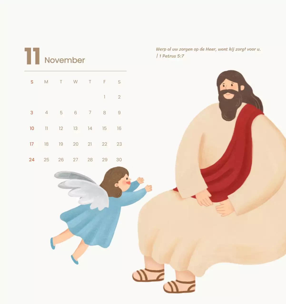 Een devotiekalender met gezellige illustraties en bijbelverzen op een lichtblauwe achtergrond