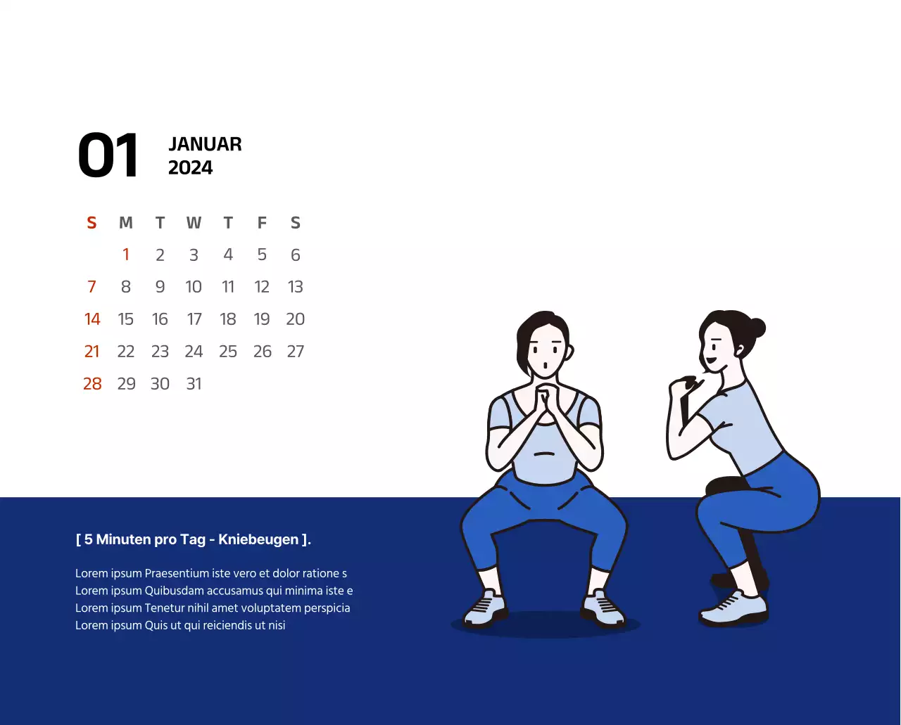 Einfacher Kalender mit klaren Illustrationen in Blau