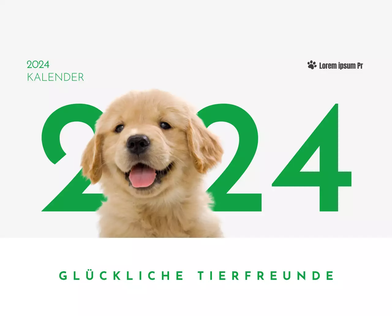 Ein Kalender mit einem Bild eines Welpen und einer niedlichen Botschaft in grünen Akzenten