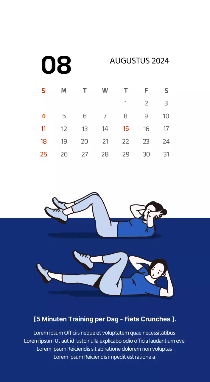 Eenvoudige kalender met strakke illustraties in blauw