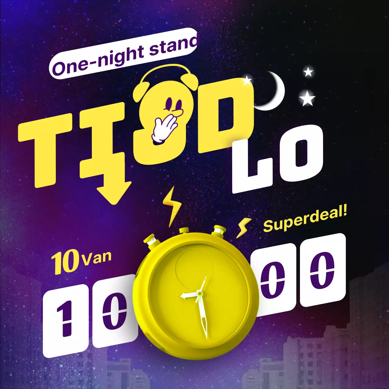 Promoot een kitscherig geel en paars nachtelijk verkoopevenement