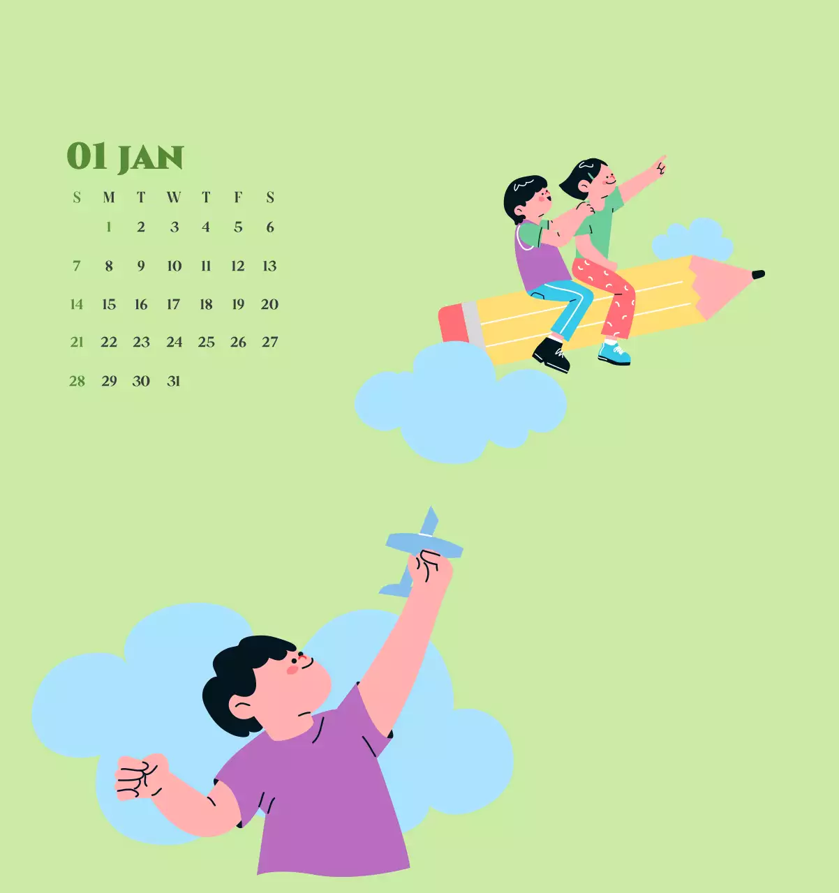 Kalender mit Jugendillustrationen auf gelbem und grünem Hintergrund