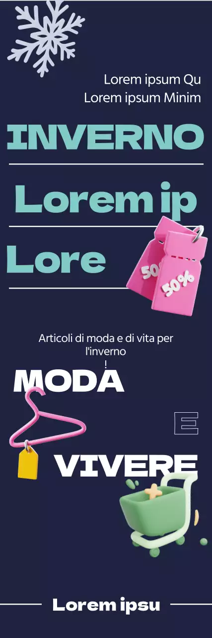 Il layout pulito dei caratteri e le icone 3D relative allo shopping e la grafica a fiocchi di neve accentuano l'evento di vendita della settimana invernale.