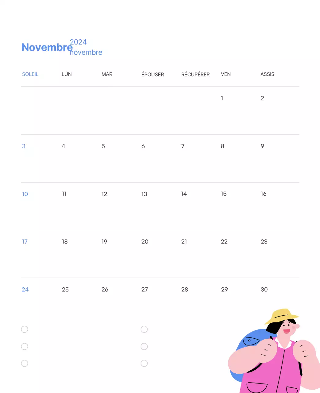 Calendrier de motivation avec des illustrations énergiques et des citations positives sur un fond bleu clair
