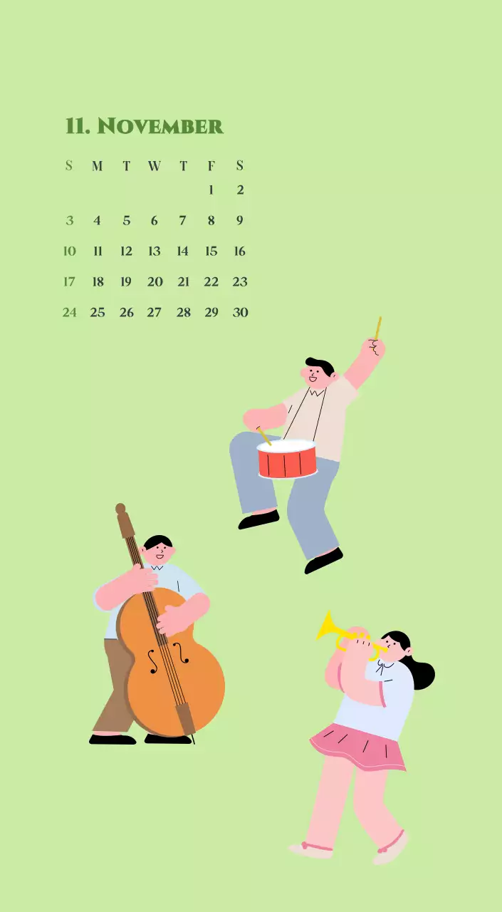 Kalender mit Jugendillustrationen auf gelbem und grünem Hintergrund