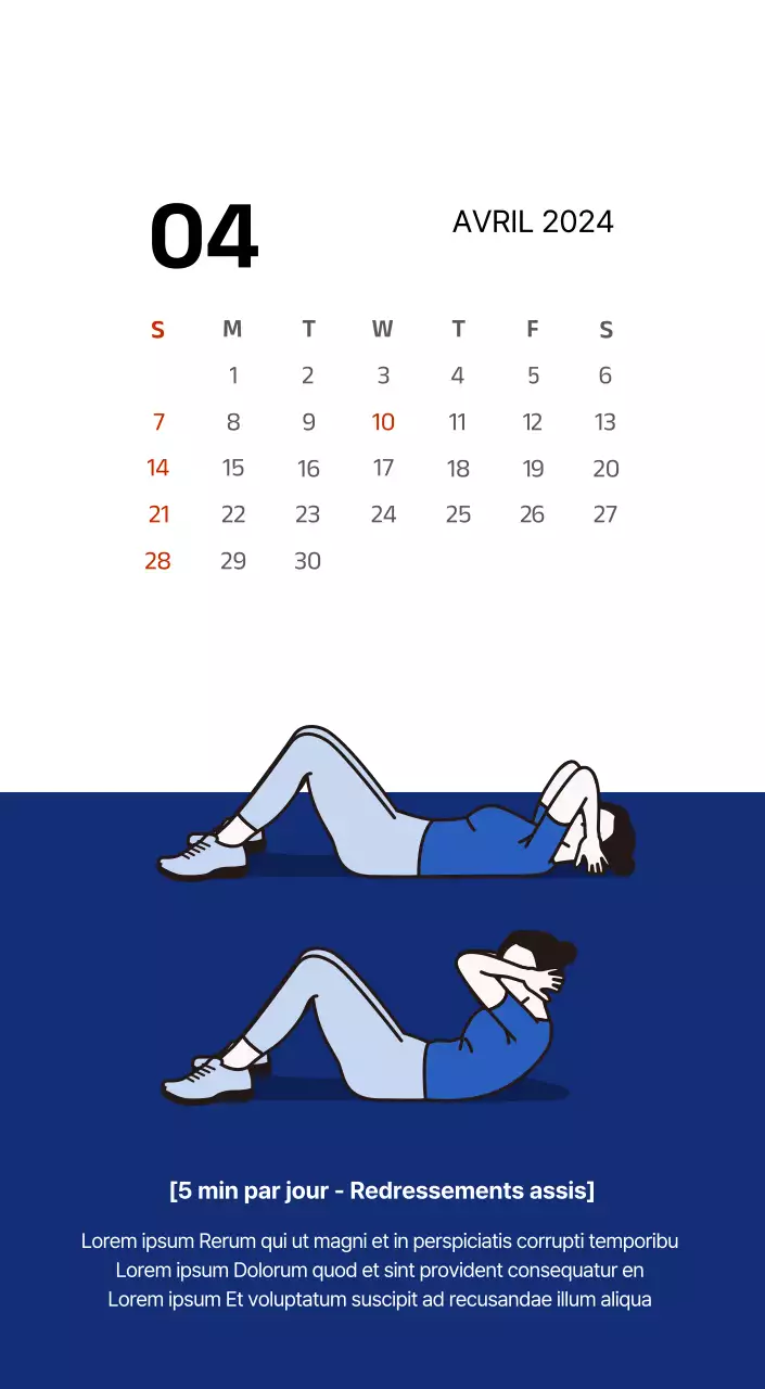 Calendrier simple avec des illustrations épurées en bleu
