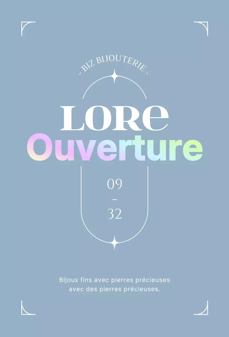 Carte postale promouvant l'ouverture d'une bijouterie dans des tons bleus clairs.